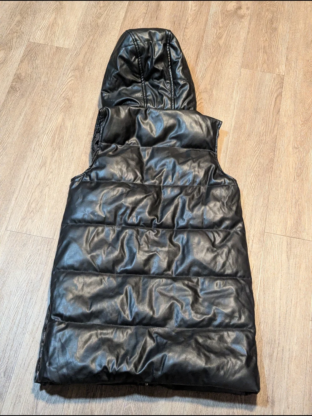 Vigoss Black Quilted Faux Leather Hooded Vest